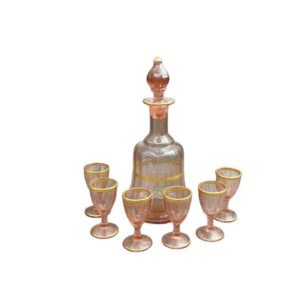 Vintage Pink Depression Glass Decanter Set with Tray, 8 Pc Set, 1930s - Picture 2 of 10